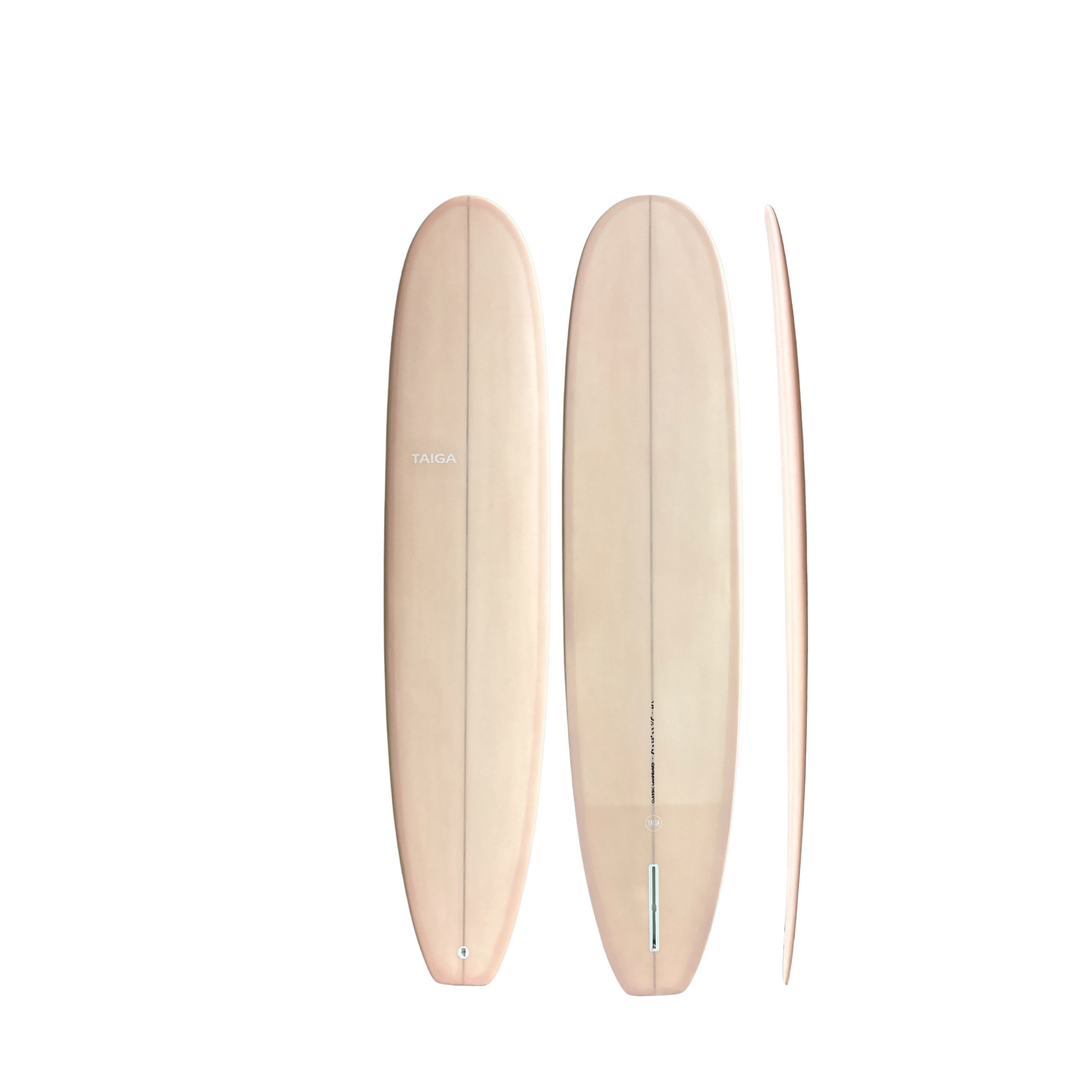 Front, Back & Side View of The Longboard Surf Board in The Rosé Color