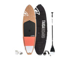 Paddleboard with wooden deck, black and red body, paddle, and carrying bag on a white background