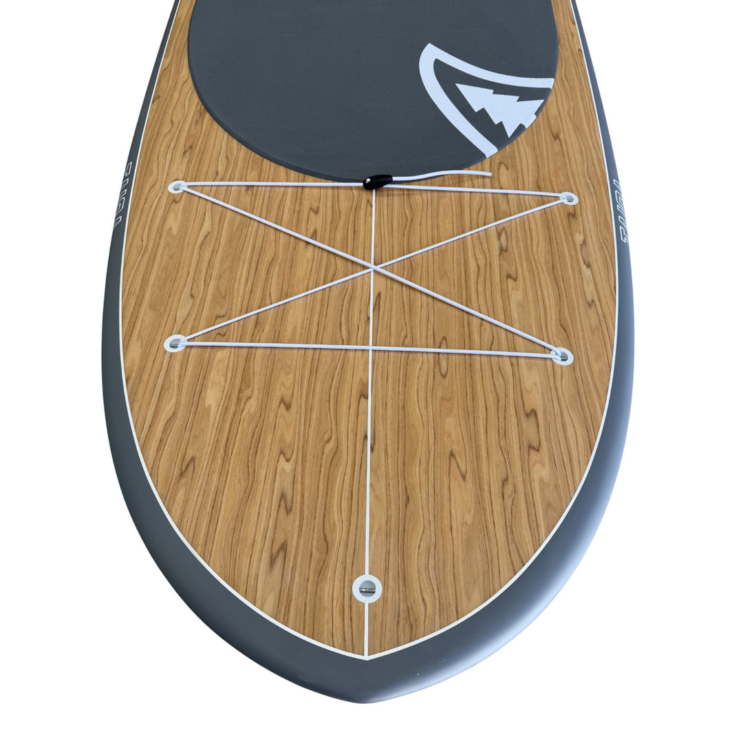 Wooden paddleboard deck with black cap and white logo on a white background