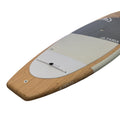 Tail of Wooden paddleboard with white logo on a white background