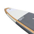 Wooden paddleboard deck with white logo on a white background