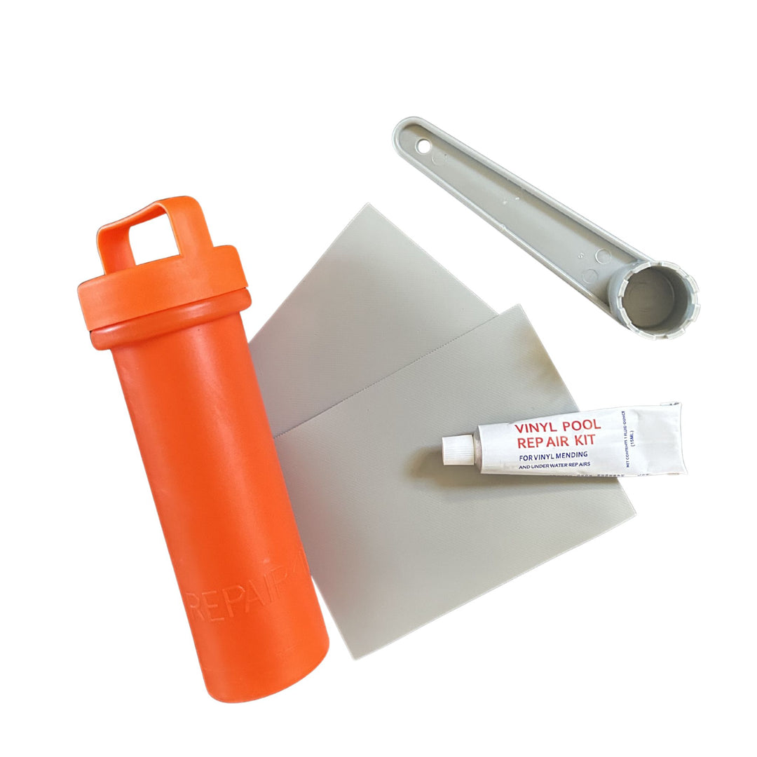 Vinyl repair kit for inflatable paddle board with orange container, patches, and tool